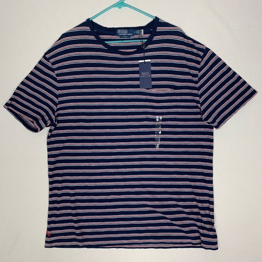 Polo Ralph Lauren Mens Navy Blue Striped T-shirt size Large Classic Fit